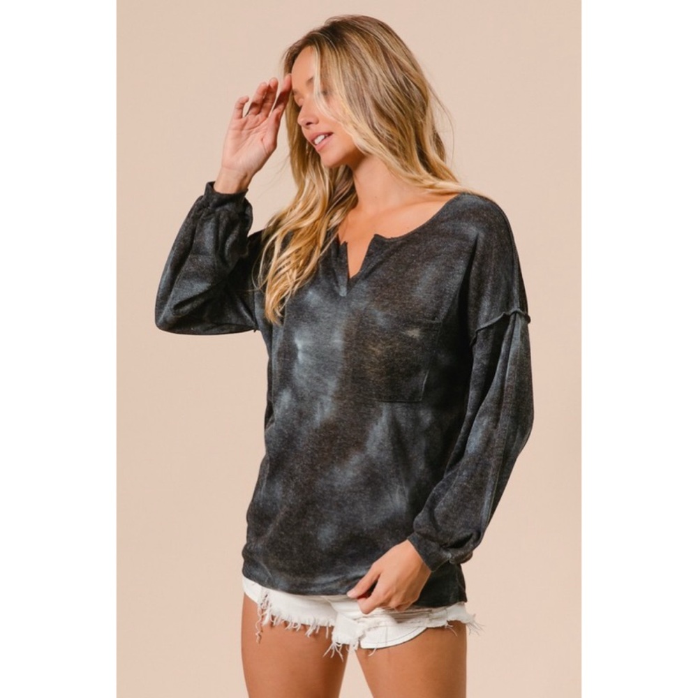 NEW! Bibi Navy/Black Burnout Tie Dye Hacci Knit Top With Bubble Sleeves! - Picture 4 of 8